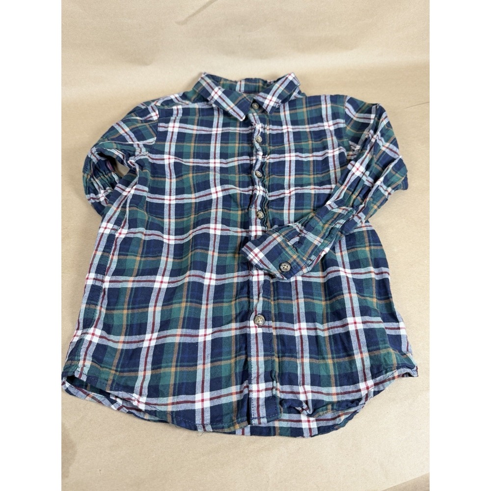 Carter's Boys Size 7/7A Green Navy Plaid Long Sleeve Button Up Shirt